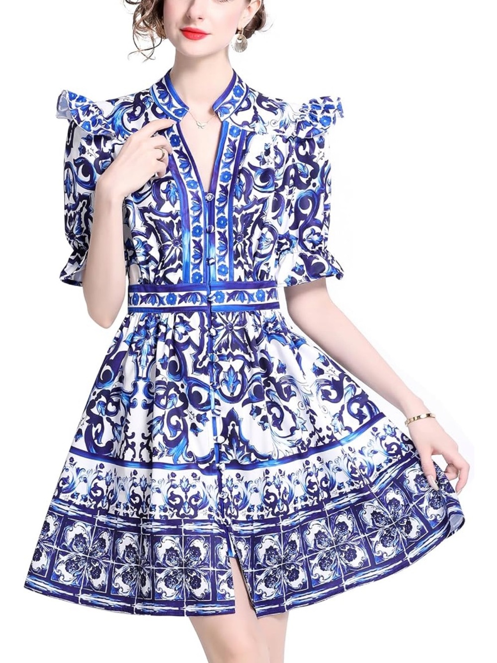 Blue and White Printed Mini Dress with Button Front Details